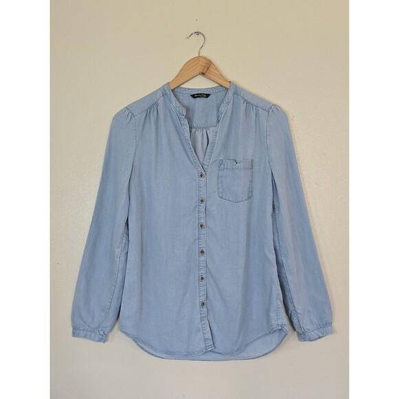 Massimo Dutti Size 4 Blue Soft Denim Button Up Blouse Collarless Chambray - Picture 1 of 12